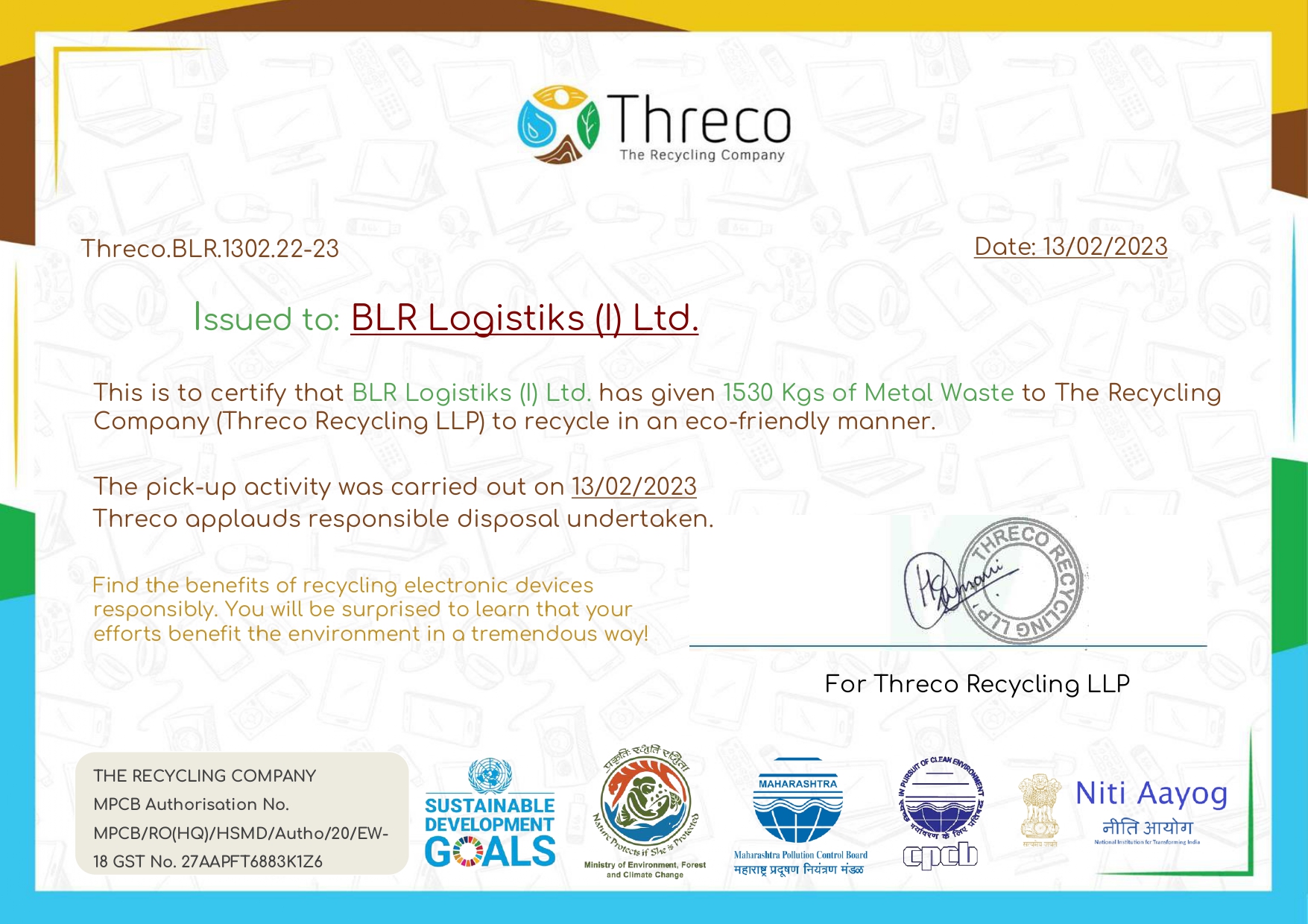 BLR Certificate For Metal Waste Recycling